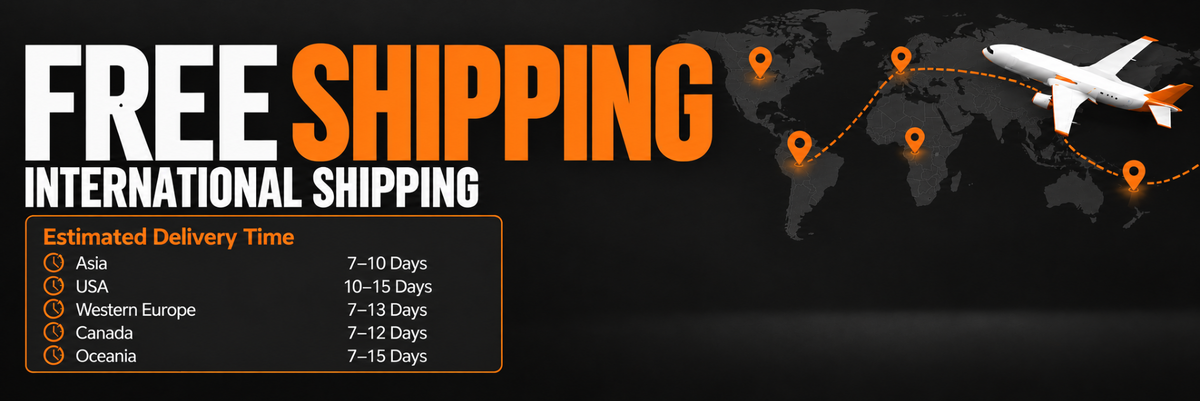 International shipping estimated delivery times: Asia 7–10 days, USA 10–15 days, Western Europe 7–13 days, Canada 7–12 days, Oceania 7–15 days.